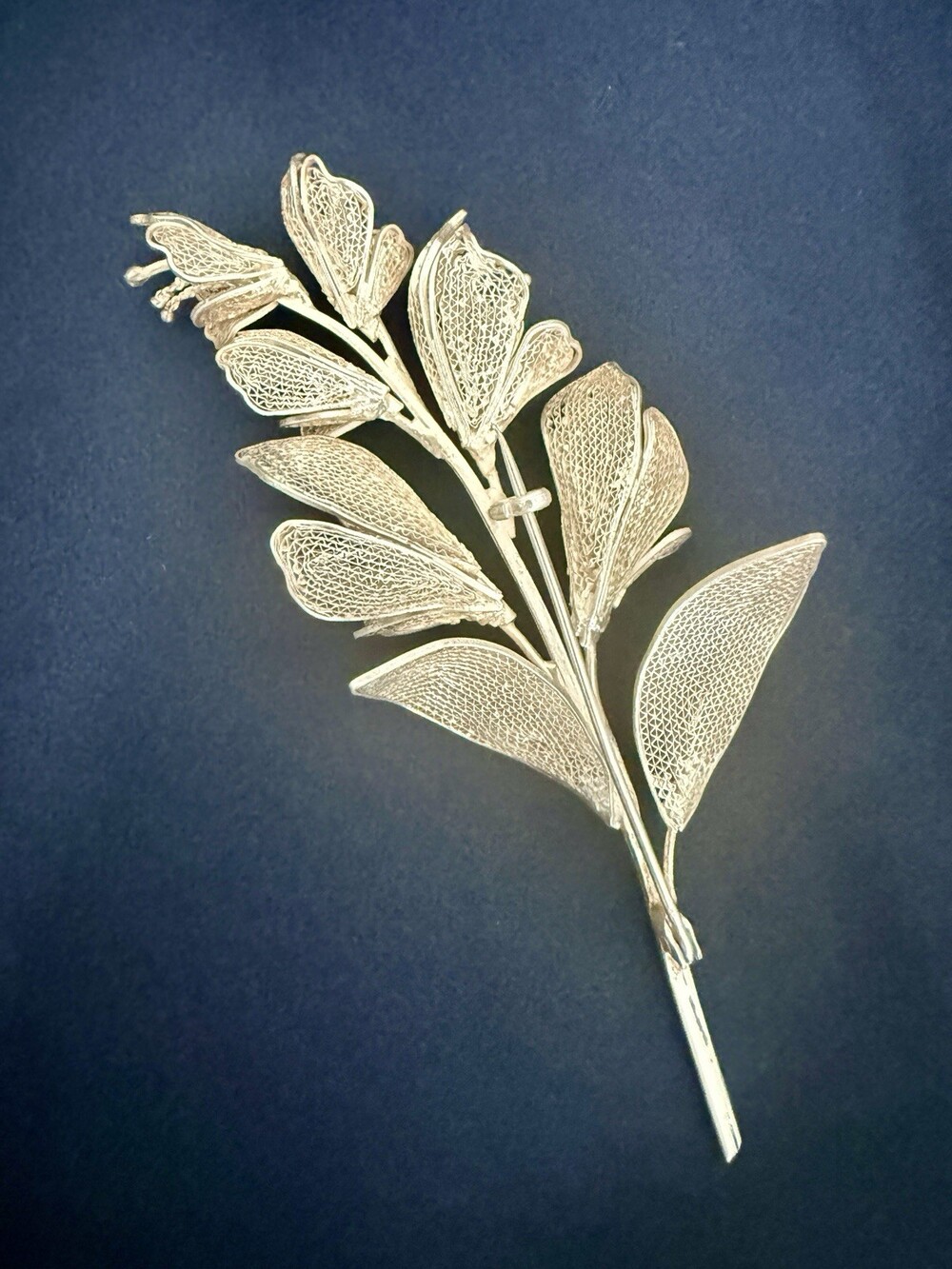 Large Vintage Silver Filigree Flower Spray Brooch Spun Mesh Portuguese